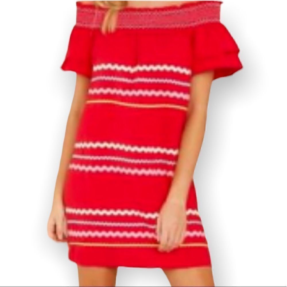Entro Off Shoulder Rickrack Style Striped Boho Chic Mini Dress Size Small